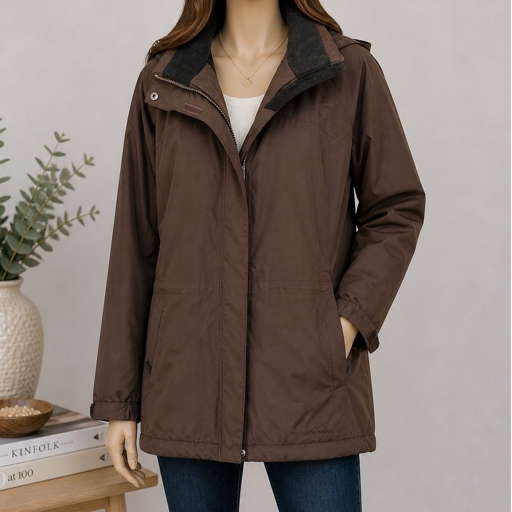 Eddie Bauer Mens Parka Brown Fleece Lined Hooded Insulated Large‎ Tall LT